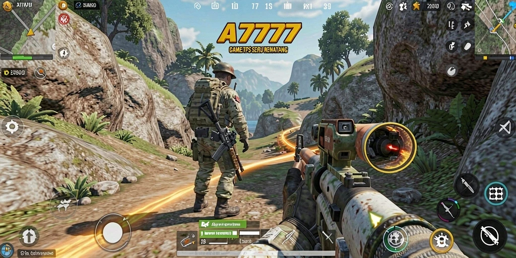 Screenshot A7777 menampilkan aksi tembak-menembak yang seru.