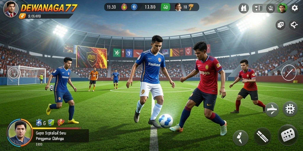Gameplay seru DEWANAGA77 menampilkan pertandingan sepak bola yang mendebarkan.
