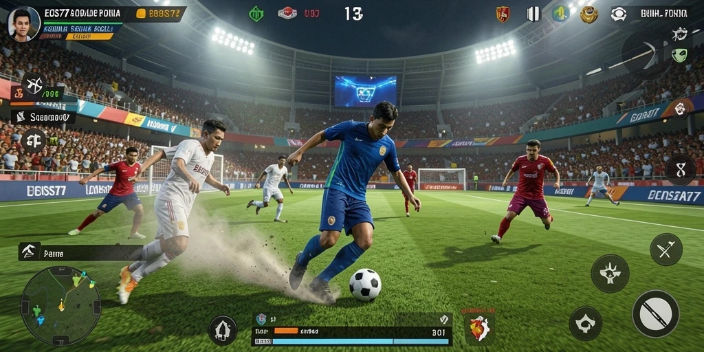 Tampilan mendebarkan dari pertandingan sepak bola dalam EOS77.