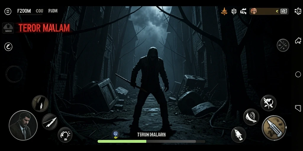 Screenshot gameplay F200M menampilkan suasana kelam dan menegangkan.