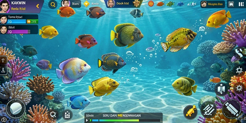 Screenshot gameplay KAKWIN menampilkan aksi seru menembak ikan di lautan.