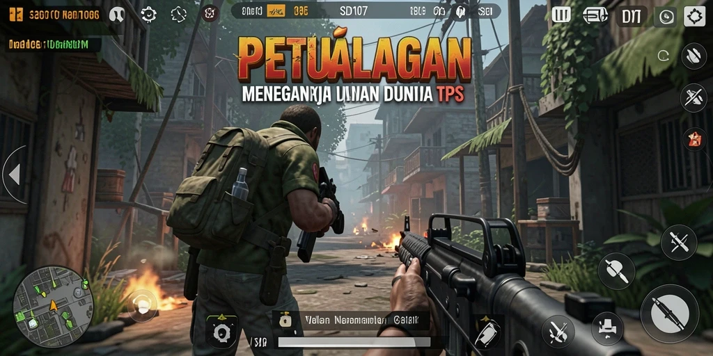 Screenshot menampilkan karakter utama dalam aksi menembak di peta TPS.