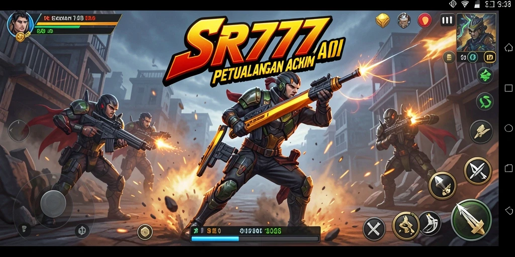 Tangkapan layar utama SR777 yang menampilkan aksi mendebarkan saat bertarung melawan musuh.